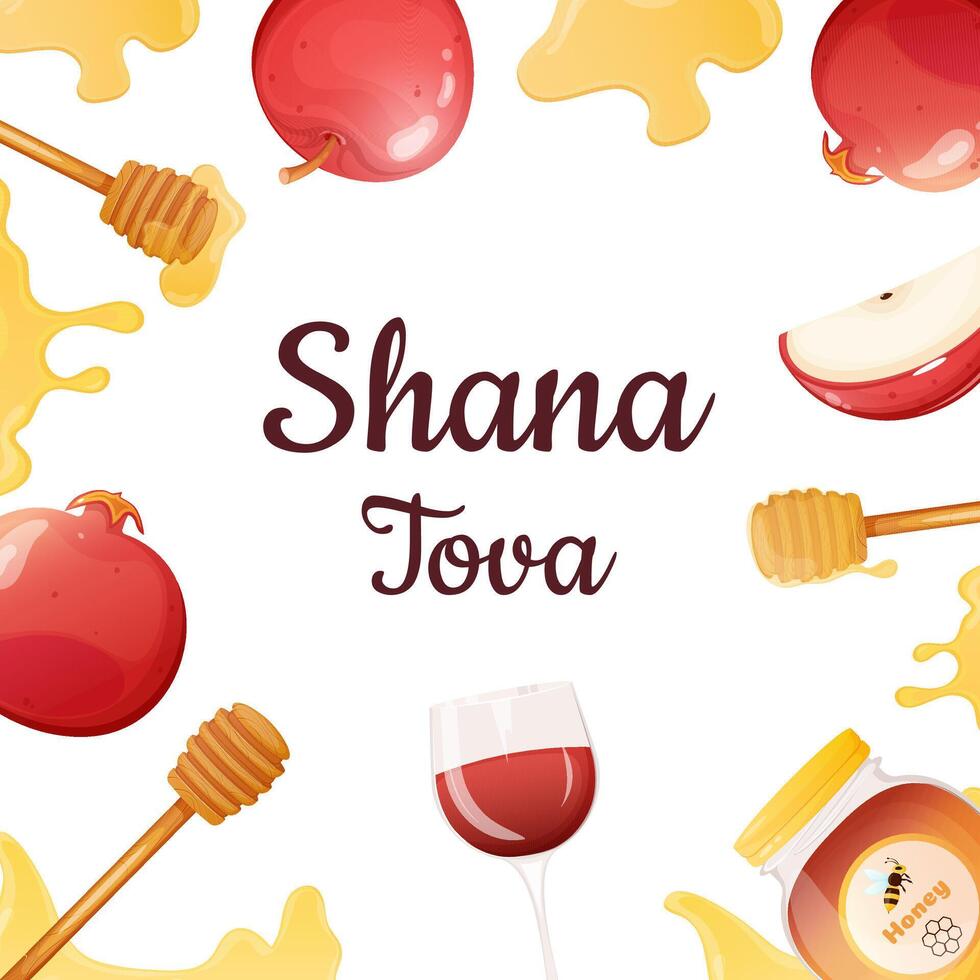 Rosh Hashanah greeting postcard. Hebrew new year poster, banner template with apple, honey, wine and pomegranate. Shana Tova. vector