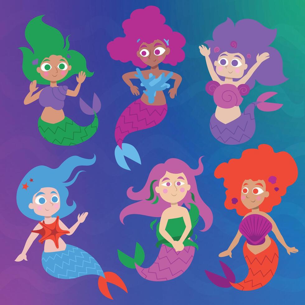Cute cartoon illustration of colorful mermaids. Beautiful fun fantasy girl characters swimming underwater. Hair floating. Flat colors vector