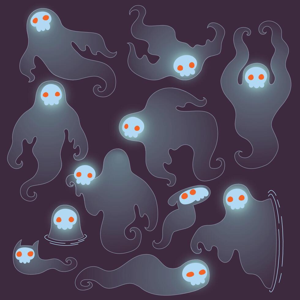 Fun Halloween cartoon illustration of skull ghosts. Cute frightening spirits with red eyes. Horror haunting death characters. Flat colors vector