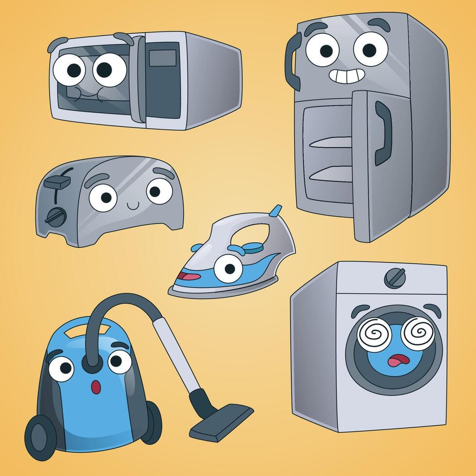 Funny cartoon illustration of appliances with faces. Fun household electric objects cartoon characters. Microwave fridge toaster iron vacuum washing machine. Flat colors vector