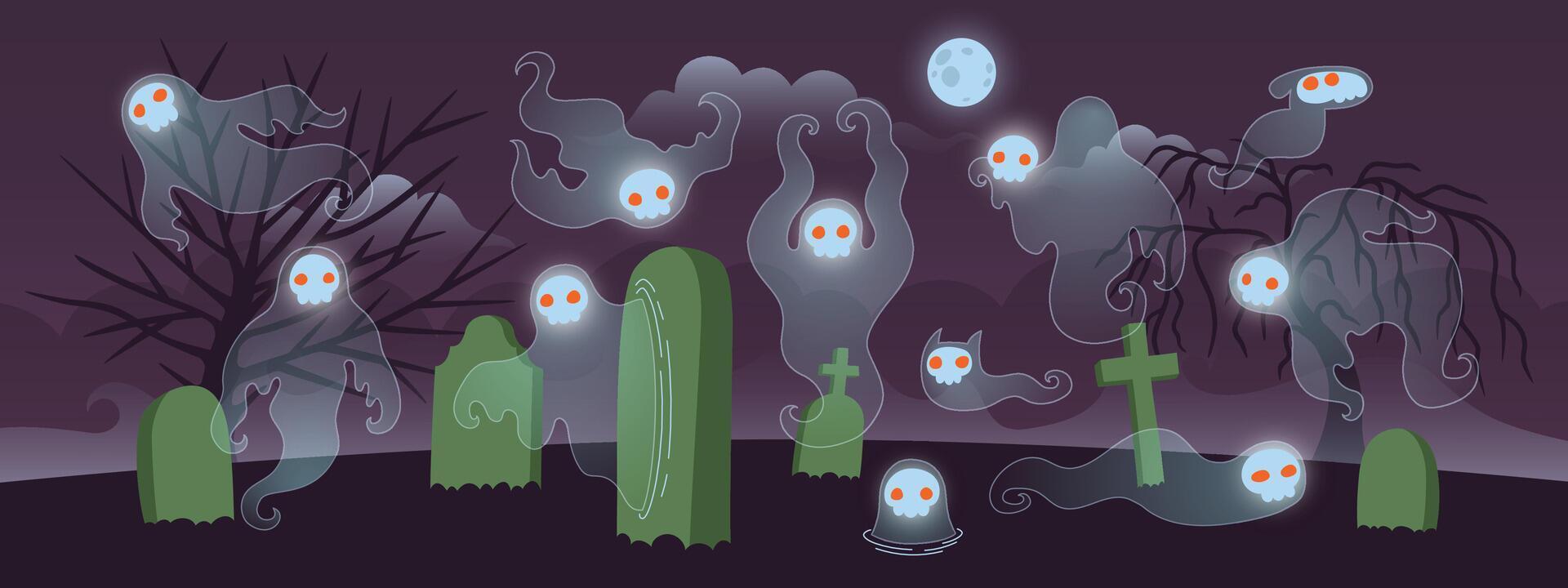 Fun Halloween cartoon illustration of skull ghosts at graveyard. Cute frightening spirits with red eyes haunting cemetery at night. Horror death characters. Flat colors vector
