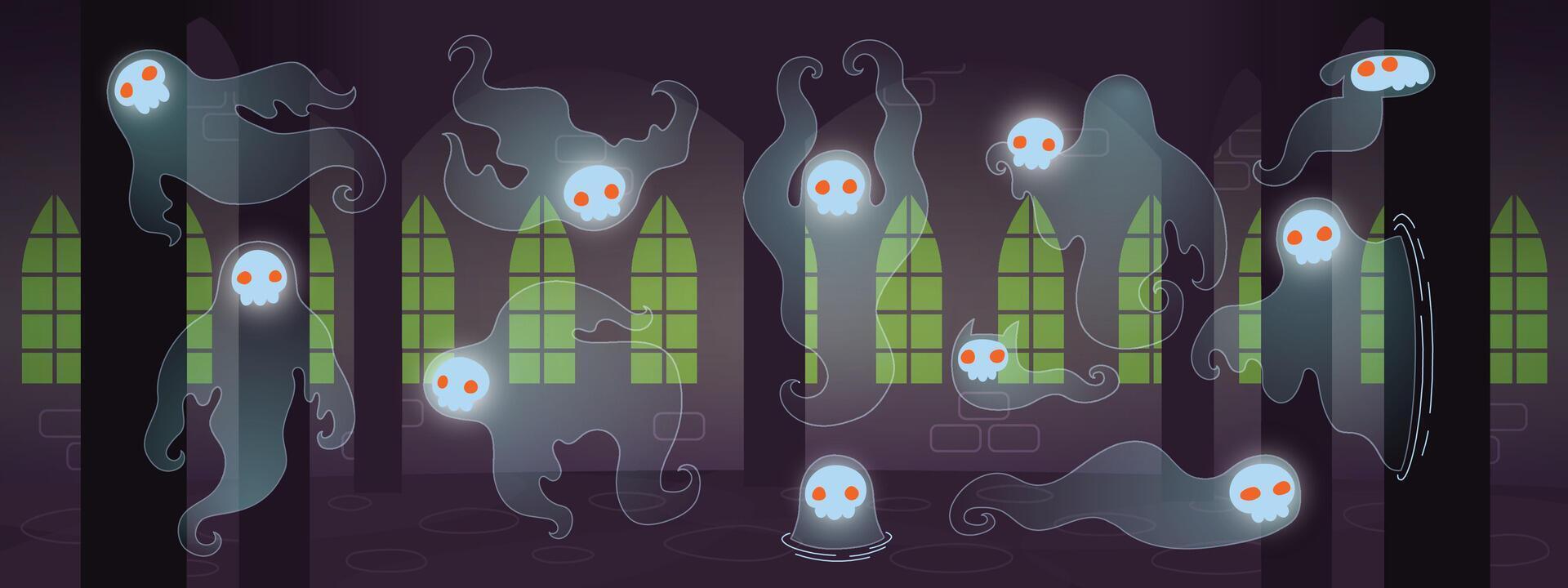 Fun Halloween cartoon illustration of skull ghosts haunting abandoned mansion. Cute frightening spirits with red eyes in haunted house castle. Horror death characters. Flat colors vector