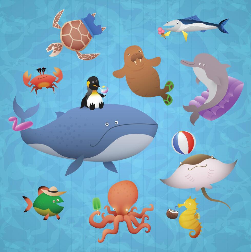 Cartoon illustration of marine animals having fun in pool. Summer fun with colorful ocean creature characters. Octopus whale dolphin seahorse fish stingray walrus sea turtle crab. Flat colors vector