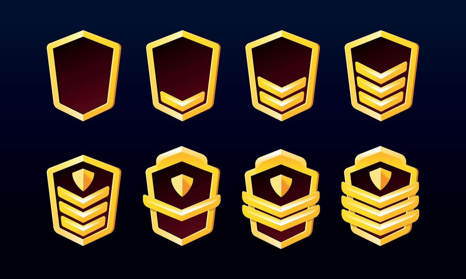 Gold player game ranks. Rank evolution design. Game rank icon. Progress in fantasy app for rating army experience vector