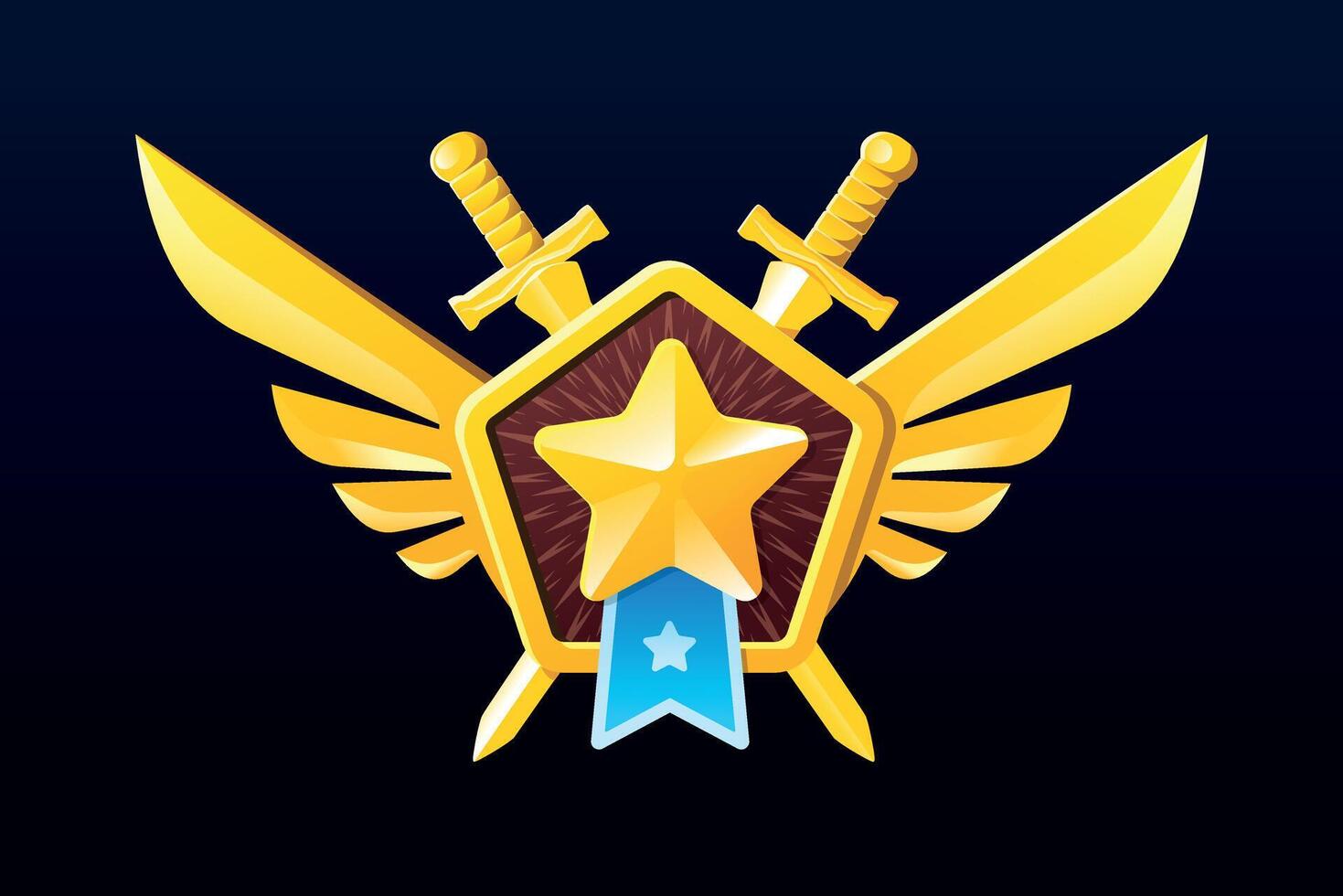 Illustration of a golden award medal with a star, swords and wings. Military game award vector