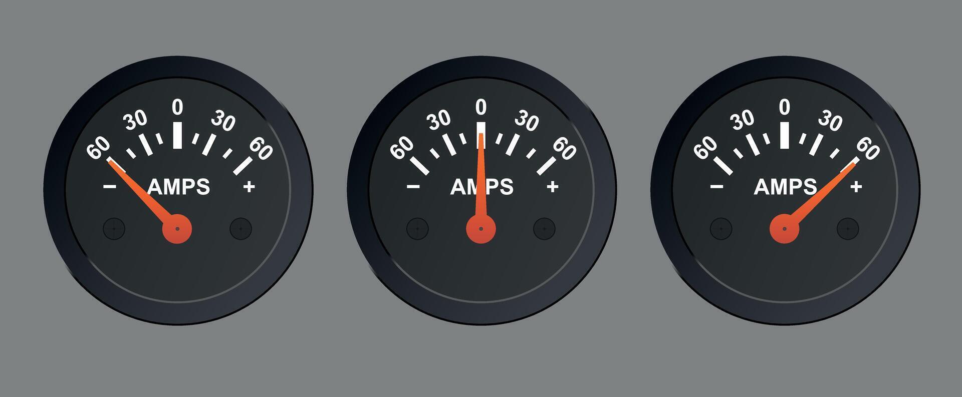 Illustration of a car ammeter with different arrow positions. Black car sensor with red arrow vector