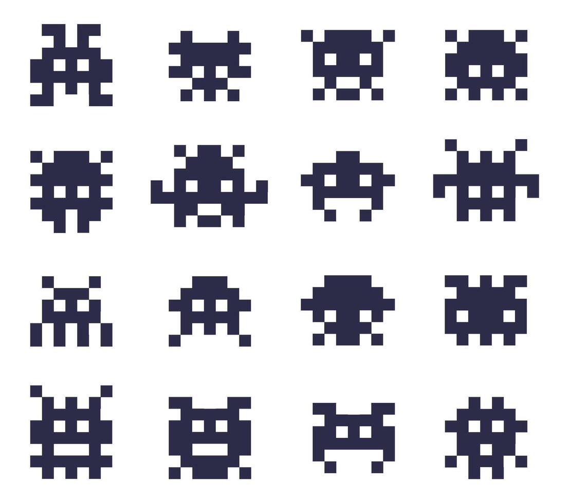 Illustrations of pixel 8 bit aliens. Monsters 8 bit pixel games vector
