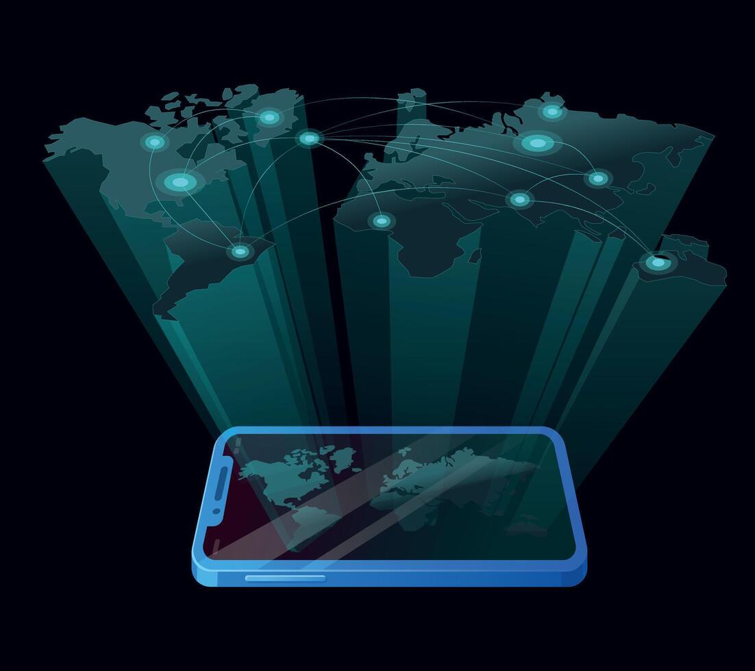 A hologram of the world map is broadcast from the phone. World map projection with marked locations vector