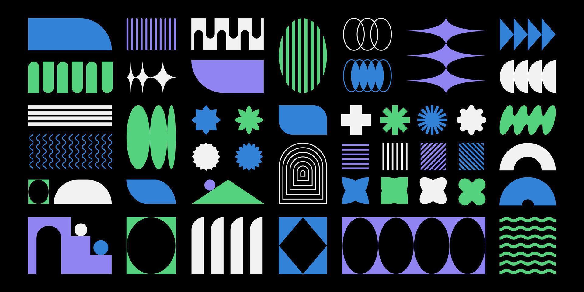 Abstract retro shapes, frames and symbols, basic brutal forms and figures in Y2K aesthetics, vintage stickers, logos, labels. Decorative design elements, illustration. vector