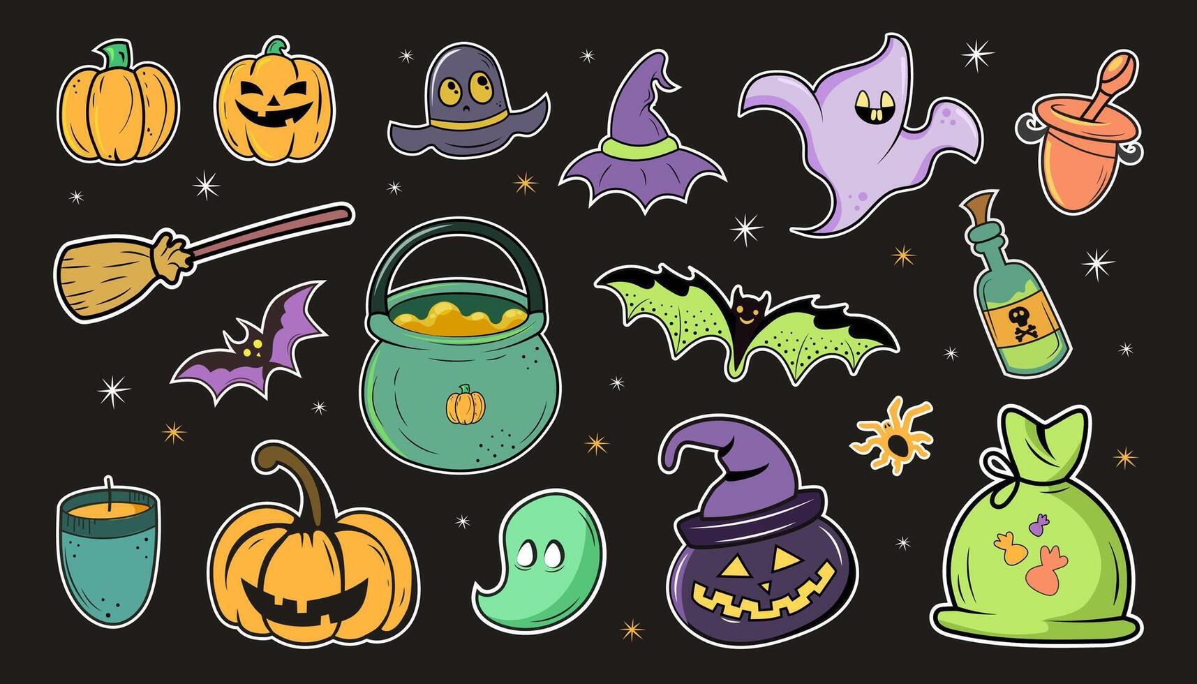 A set of Halloween holiday stickers with traditional symbols, pumpkins and bats, witch hats, spiders, cauldron and ghosts. vector