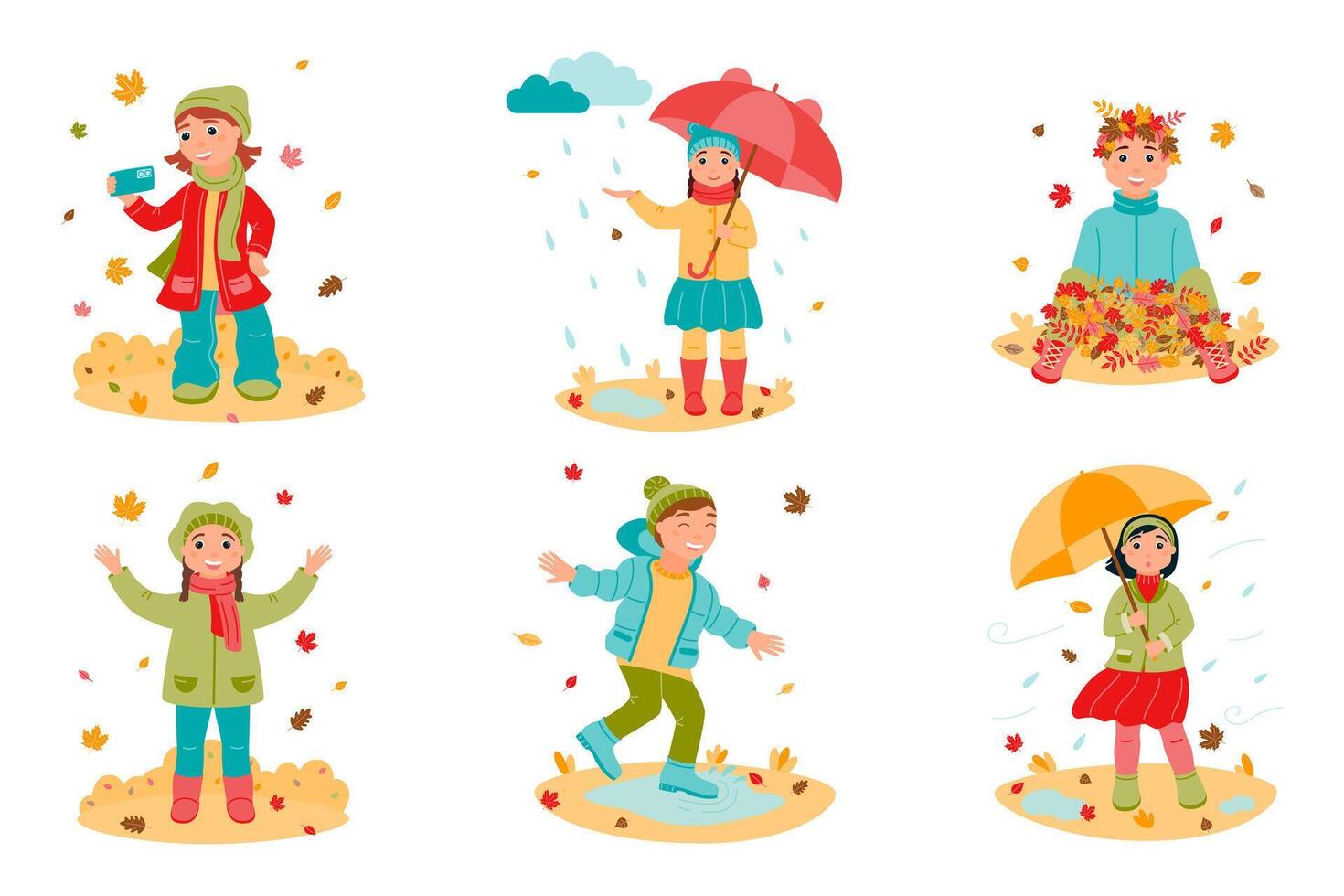 A set of children walking outside in autumn. Girls and boys are playing with falling leaves. vector
