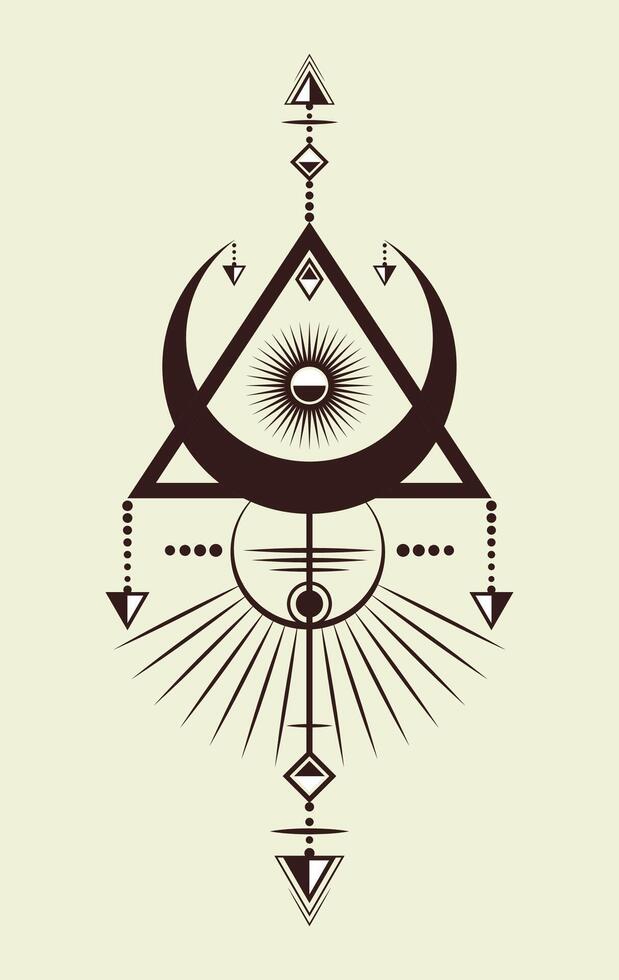 mysterious magical crescent moon sacred geometrical figure of a circle inscribed in a triangle, logo tattoo mythological symbol in boho style. Wiccan witches protective symbols background vector