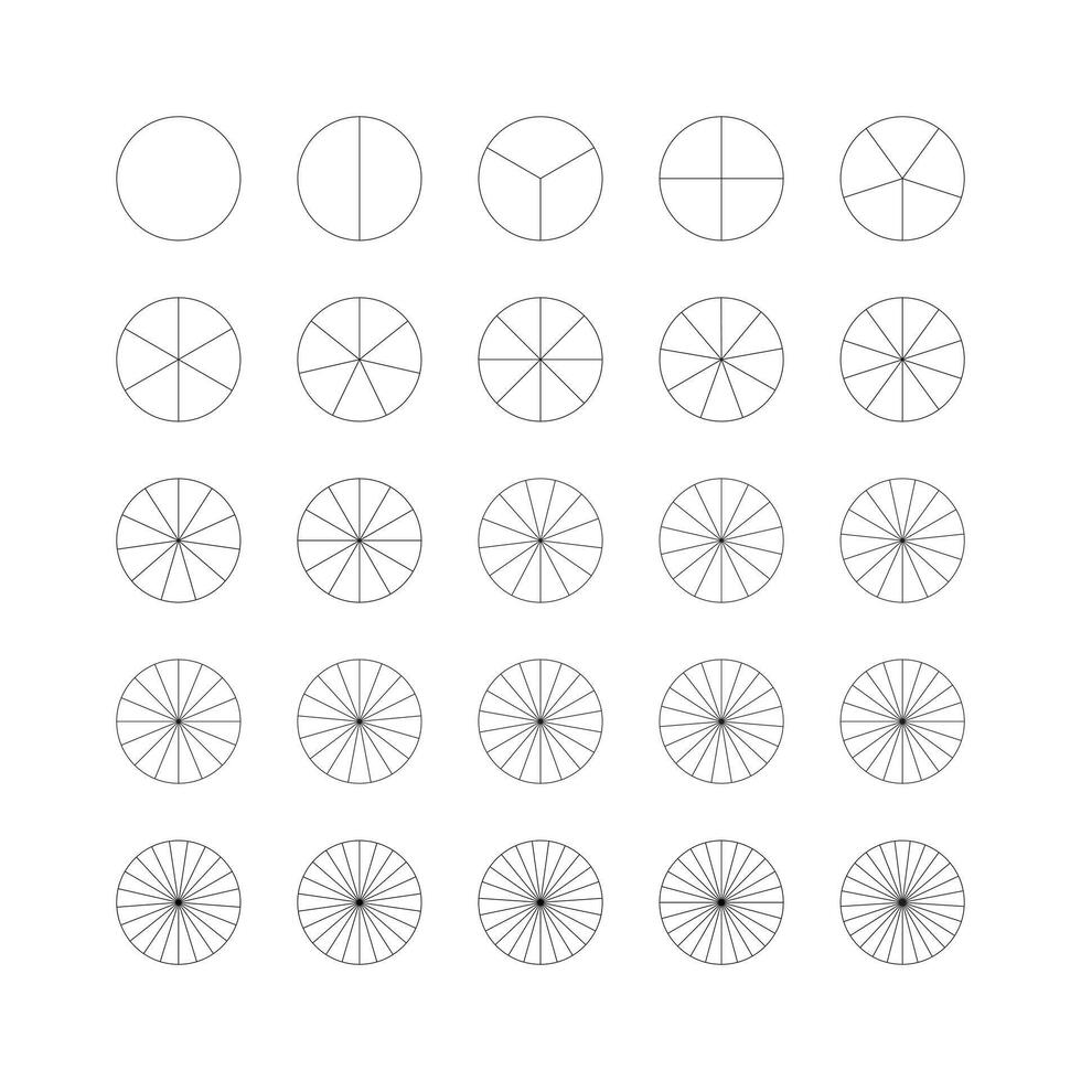 Pie chart template. Segmented pizza charts. Many number of sectors divide the circle on equal parts. Outline black graphics. Segments infographic. Diagram wheel parts. vector