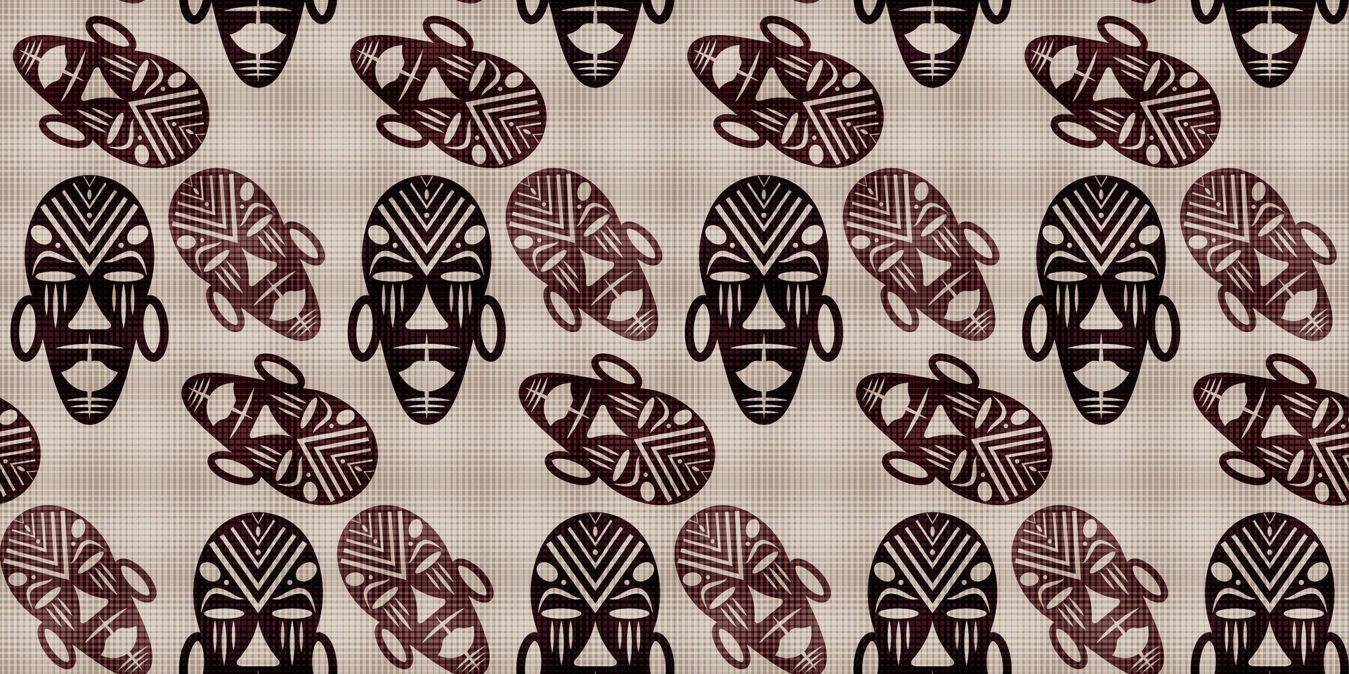 Seamless African background, ethnic tribal mask pattern, Primitive ritual masks of savages. Texture of vintage Afro Art design. Aztec Indian Maya Mexican traditional native culture in brown color vector
