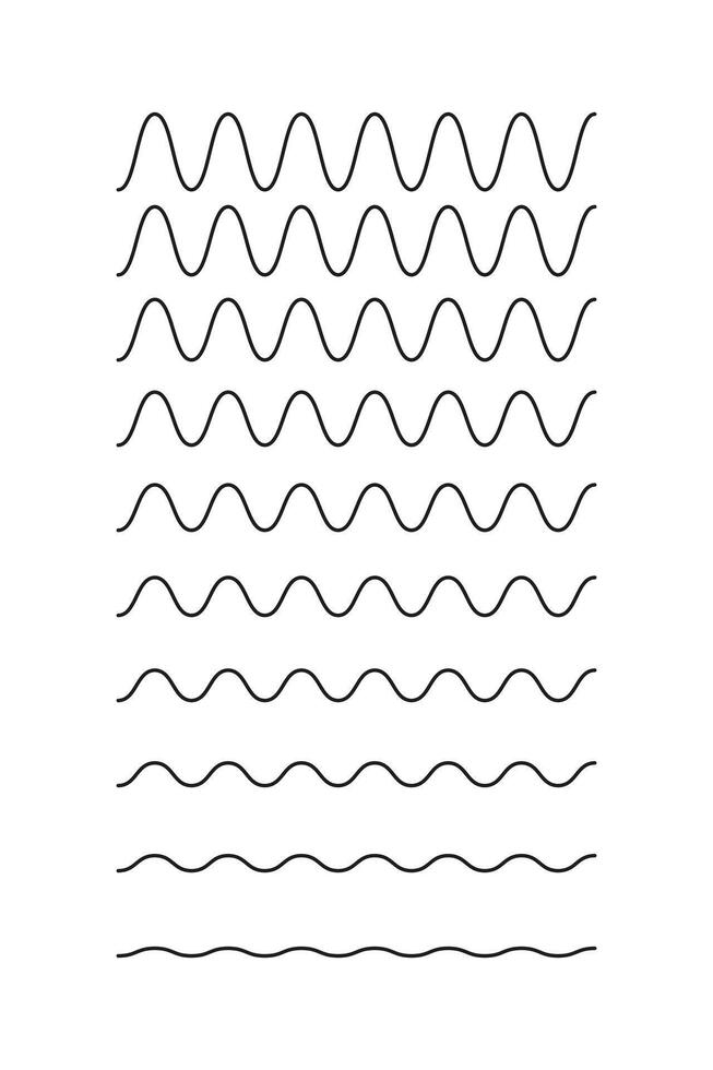 Wavy, curvy, zigzag lines. Undulate borders, transverse horizontal lines. Water, river, lake, sea ocean symbol. Sine, fluid, air, wind sign. Outline graphic illustration isolated on white background. vector