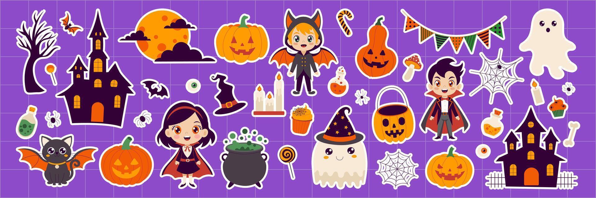 A purple background with Halloween decorations including a pumpkin, a ghost, a witch, a vampire, and a castle vector