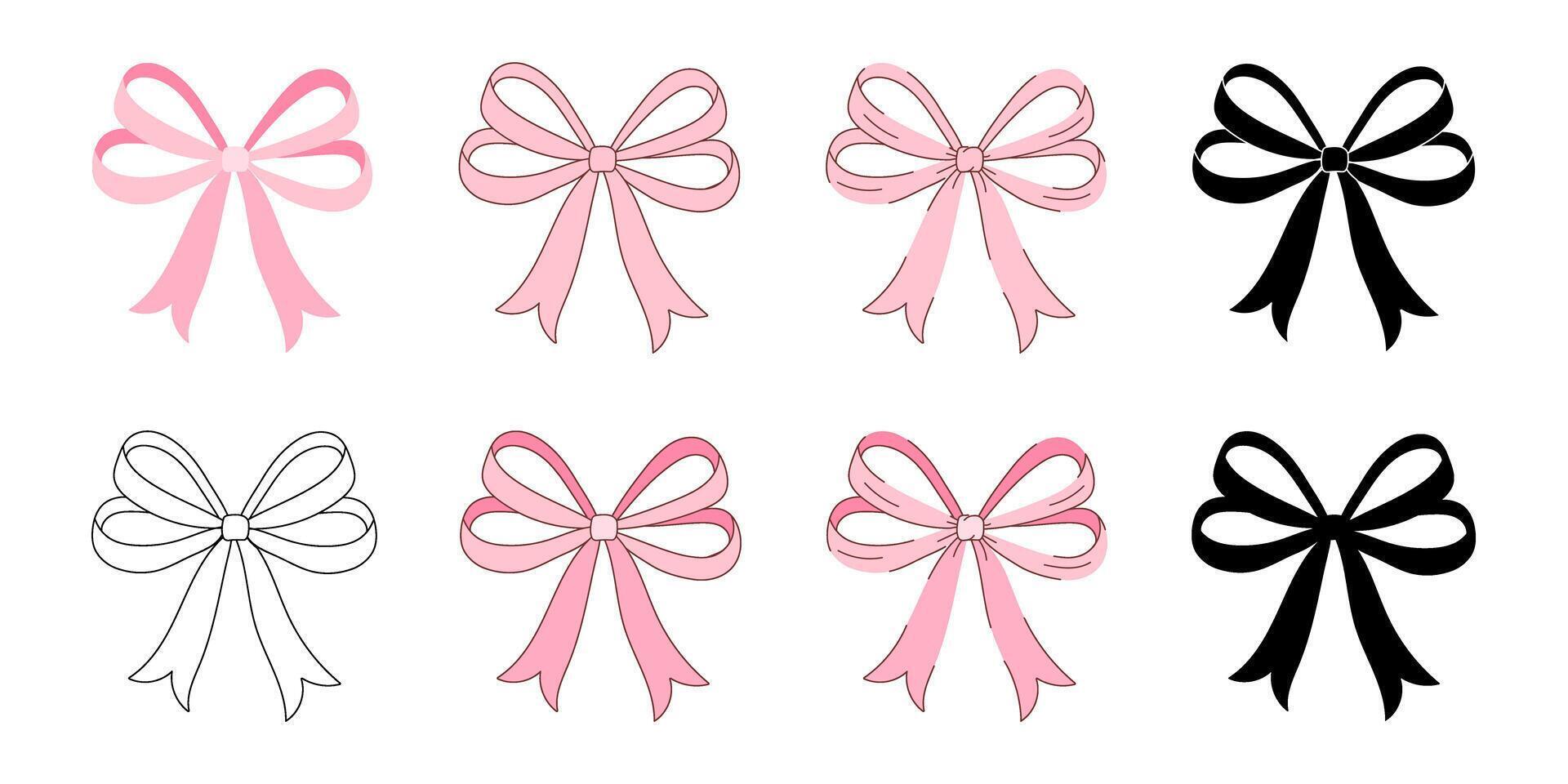 A set bows, each with a different color, are displayed in a row. The bows are all pink and black, with the pink bows being the more prominent color vector