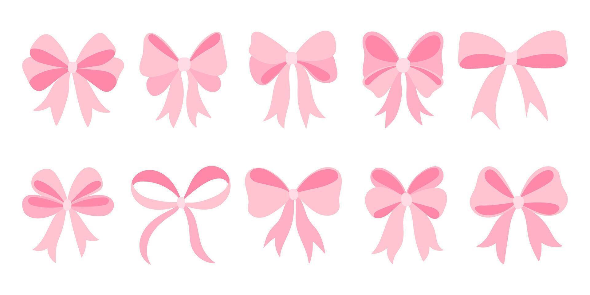 A set of pink bows are shown in various positions and orientations. The bows are all different sizes and shapes, but they all have a similar pink color. Scene is playful and whimsical vector