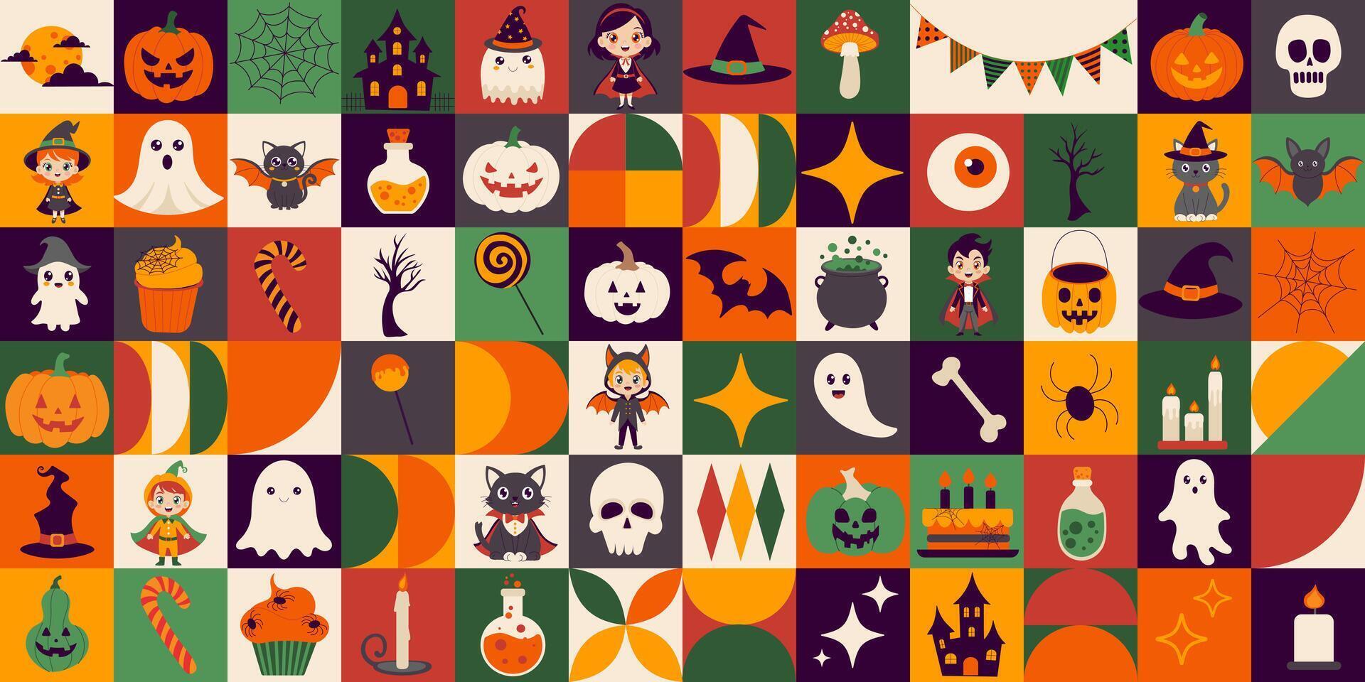 A colorful image of Halloween characters and objects, including pumpkins, witches, ghosts, and skeletons. Geometric pattern vector