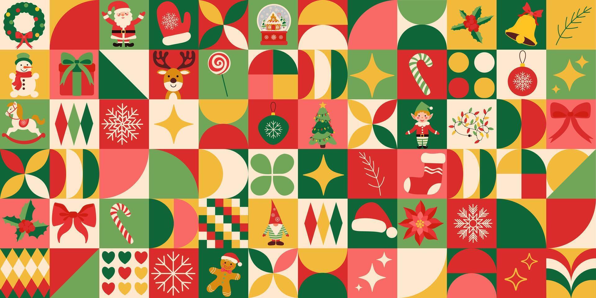 A colorful Christmas scene with a variety of decorations including a Santa Claus, reindeer, and a candy cane. Geometric pattern vector