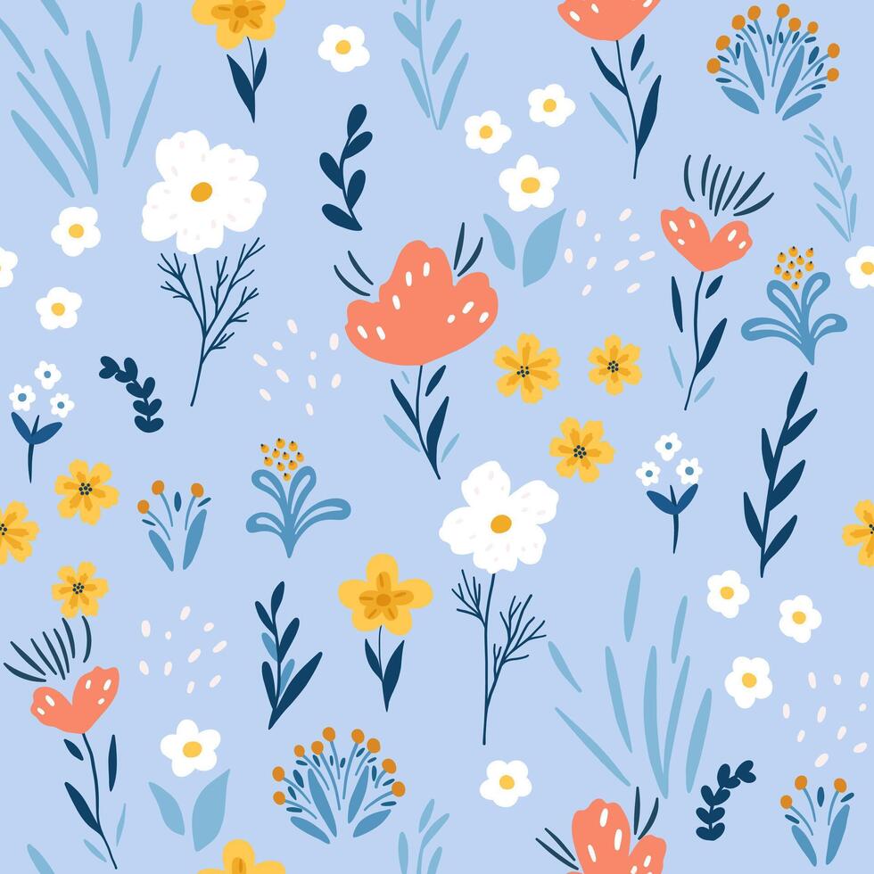 Bright spring pattern with flower and leaves. Seamless botanical pattern vector