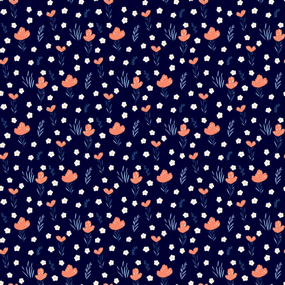 Nice smile flowers on deep blue background. Seamless pattern. vector