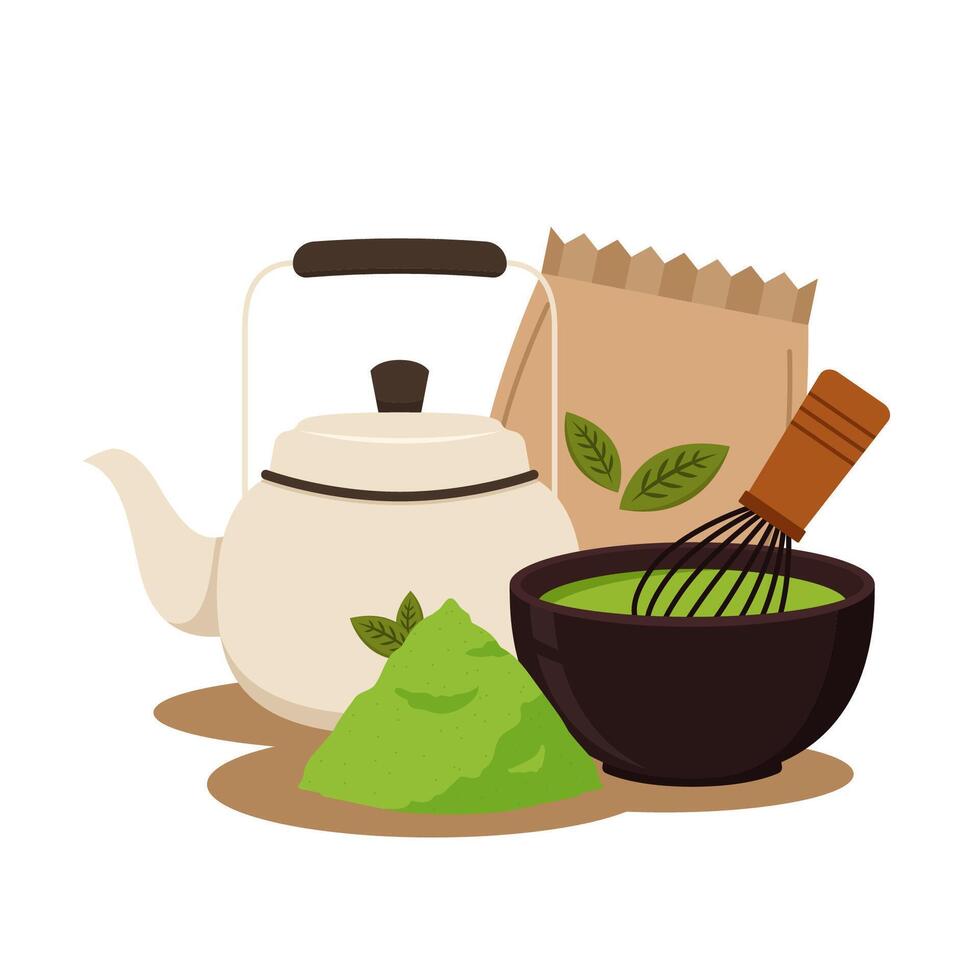 Green tea cup . wallpaper. free space for text. Matcha tea whisk. Japan drinks . vector