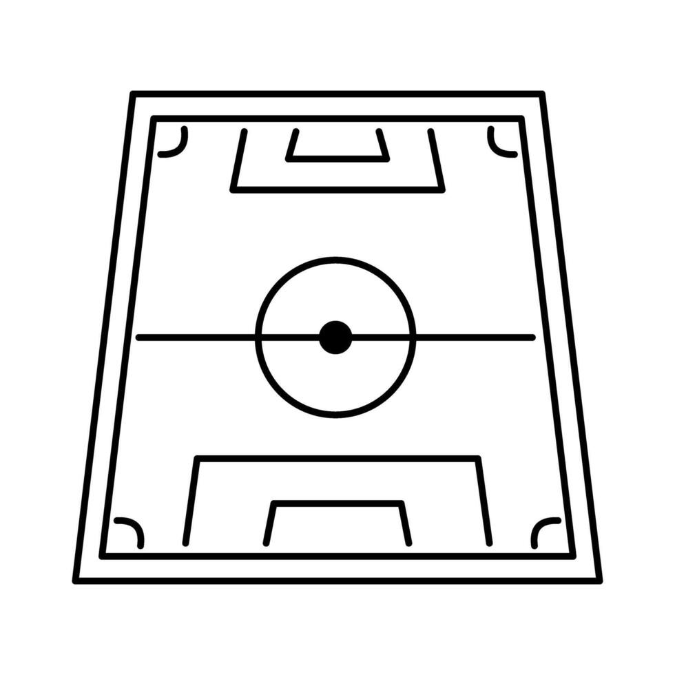 A simple black and white icon depicting a top down view of a soccer field. A detailed layout of a soccer field with goals, the center circle, penalty areas, and corner arcs. vector