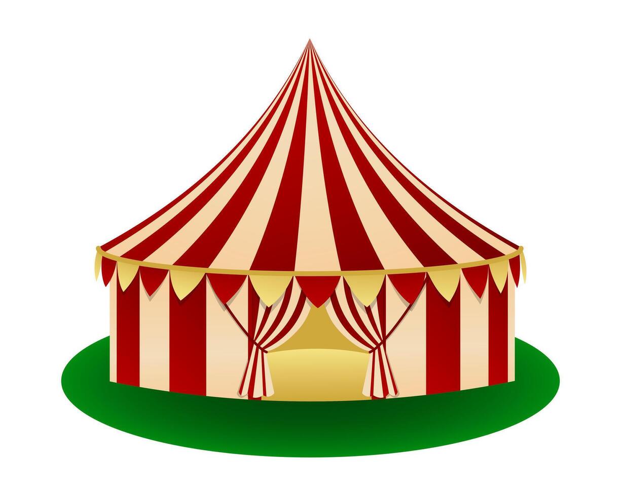 Traditional red and yellow circus tent with a striped pattern and open entrance. Carnival Tent on a green circular ground. For posters, cards, tickets and playbills. vector