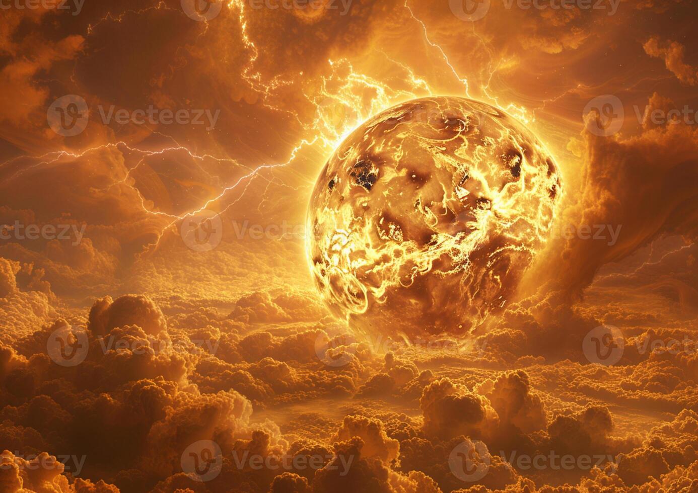 Clouds of Venus. An image of the thick, toxic atmosphere of Venus, with its dense yellowish clouds through which lightning flashes photo