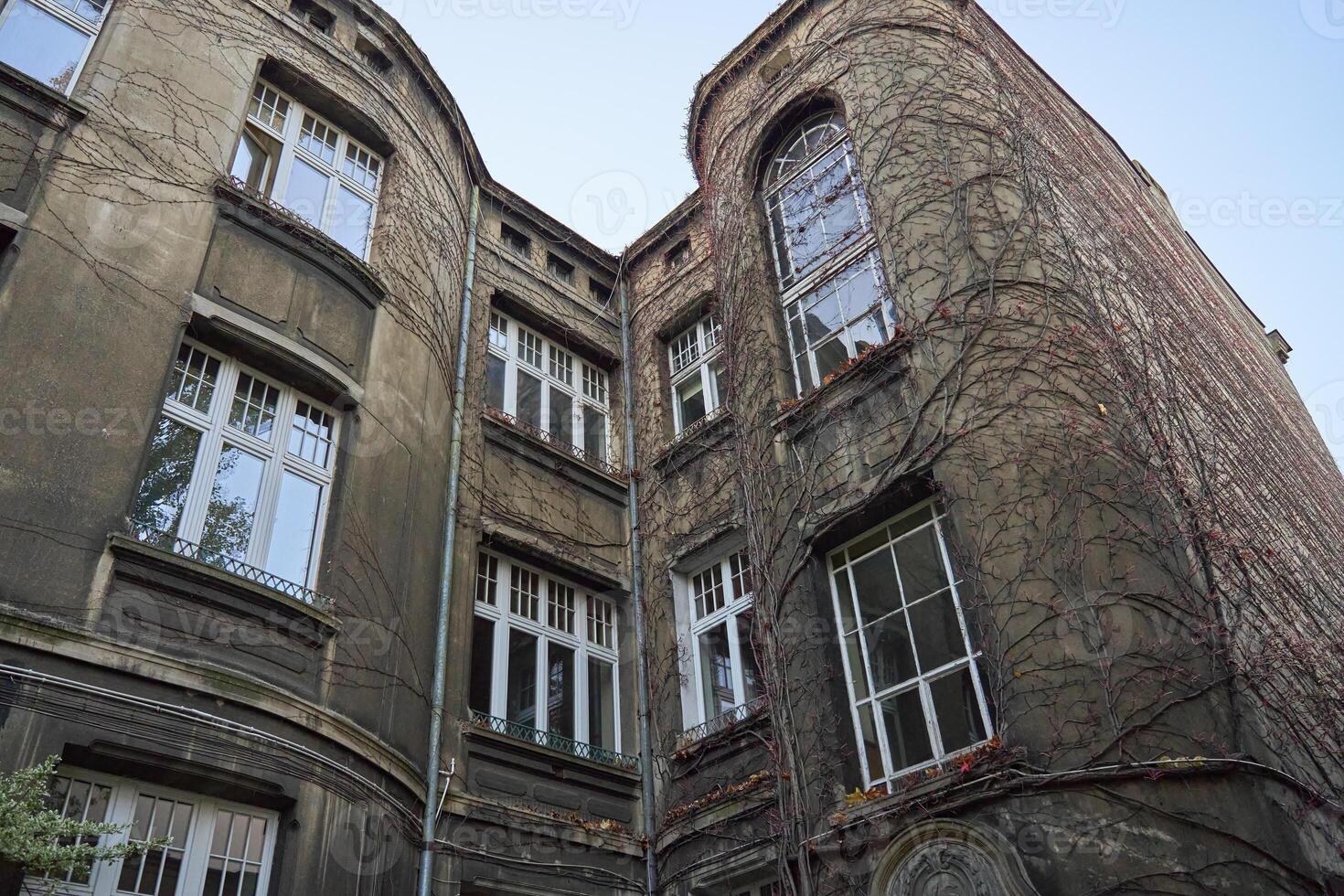 Old European courtyard facade with many windows. Historical architecture with apartment building photo