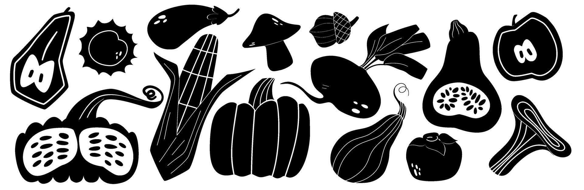 A set of vegetables silhouette. Black and white harvest and food. vector