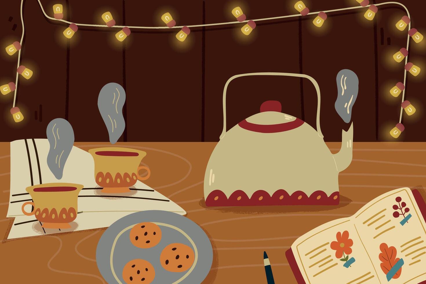 Autumn cozy illustration. Fall background with cup, tea, teapot on table. vector