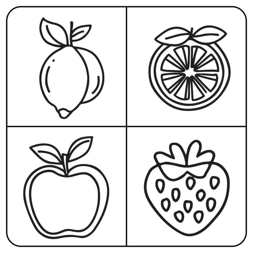 Fruits coloring page for kids apple pear strawberry banana lemon fruit coloring book page vector