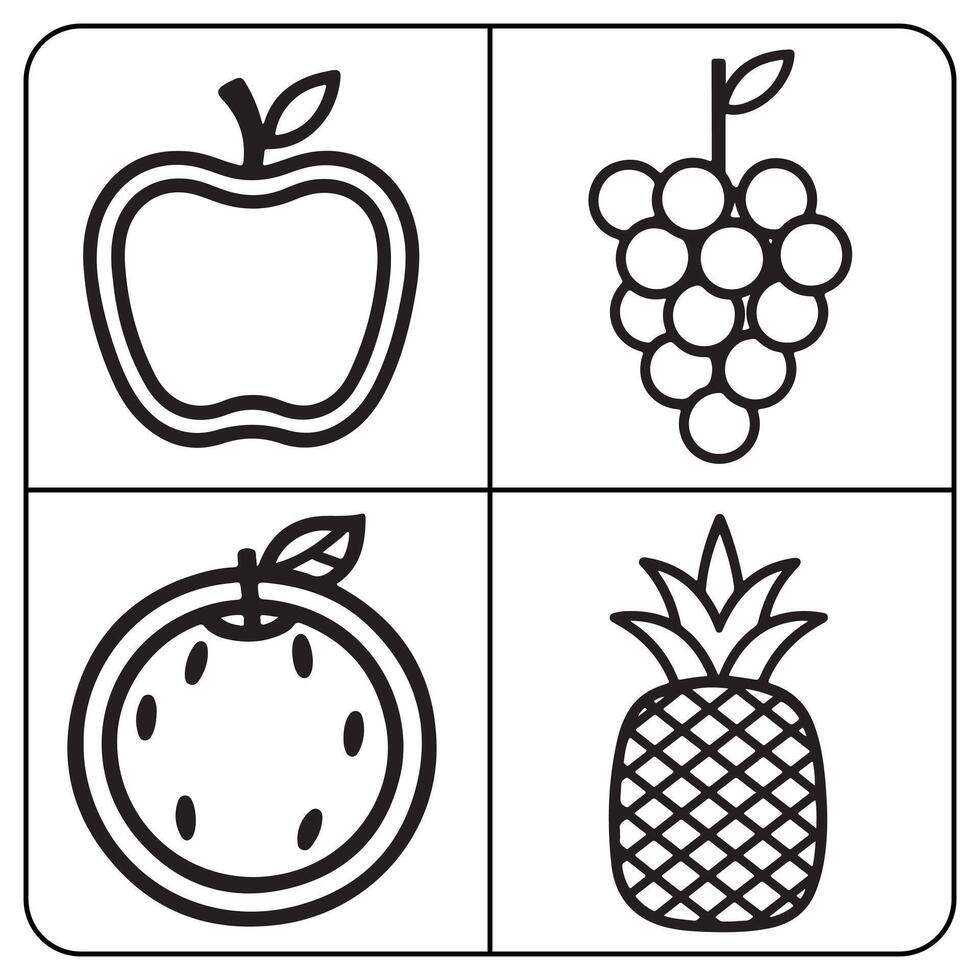 Fruits coloring page for kids pineapple grape apple lemon fruit coloring book page vector