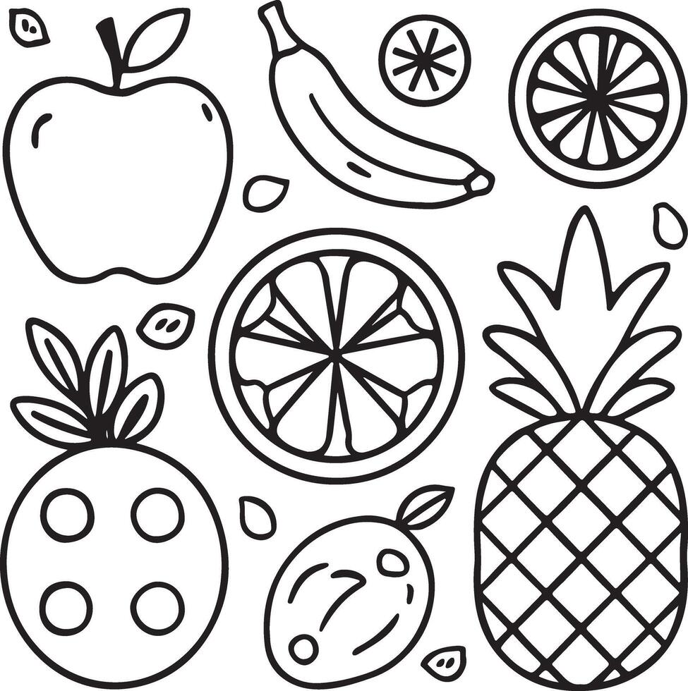 Fruits coloring page for kids pineapple grape apple watermelon pear banana lemon fruit coloring book page vector