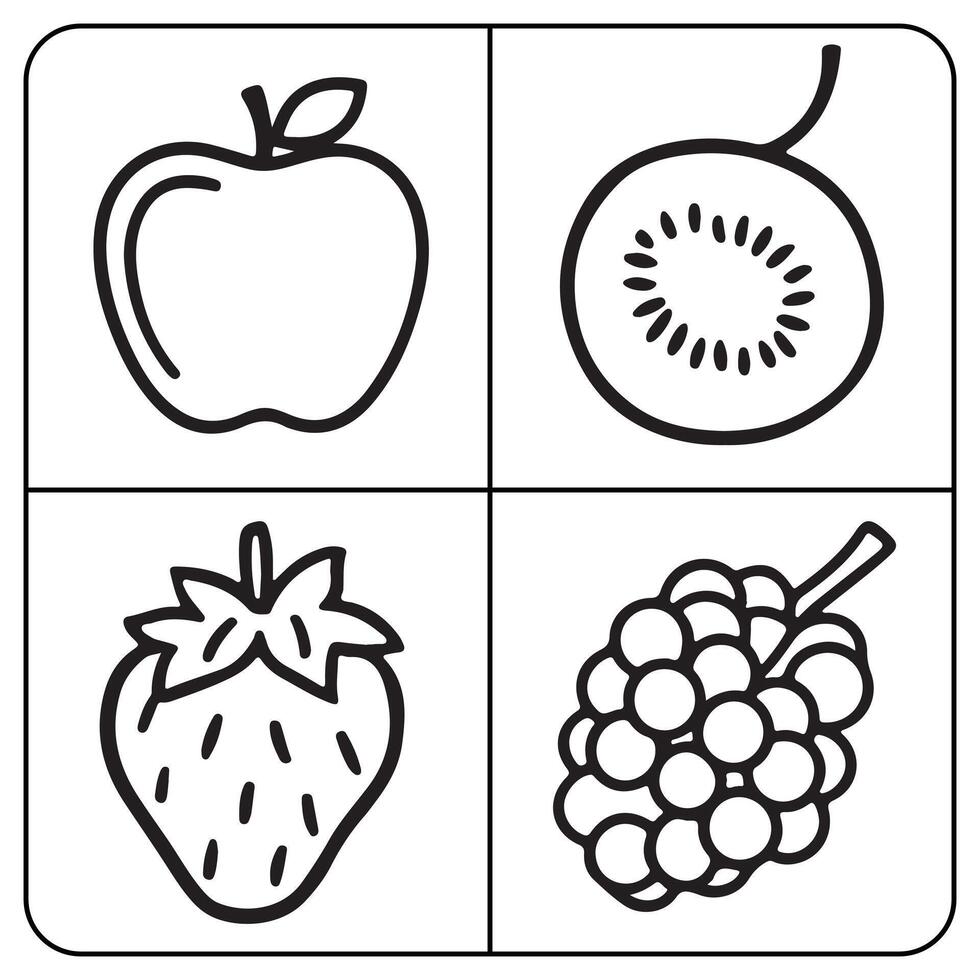 Fruits coloring page for kids grape lemon apple pear strawberry fruit coloring book page vector