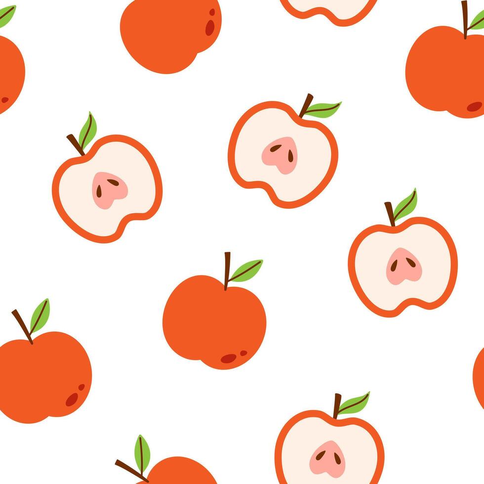 seamless pattern with cute red apples. Summer or autumn fruit on a white background. Wrapping or fabric design. Baby, kids, childish print with apples. vector