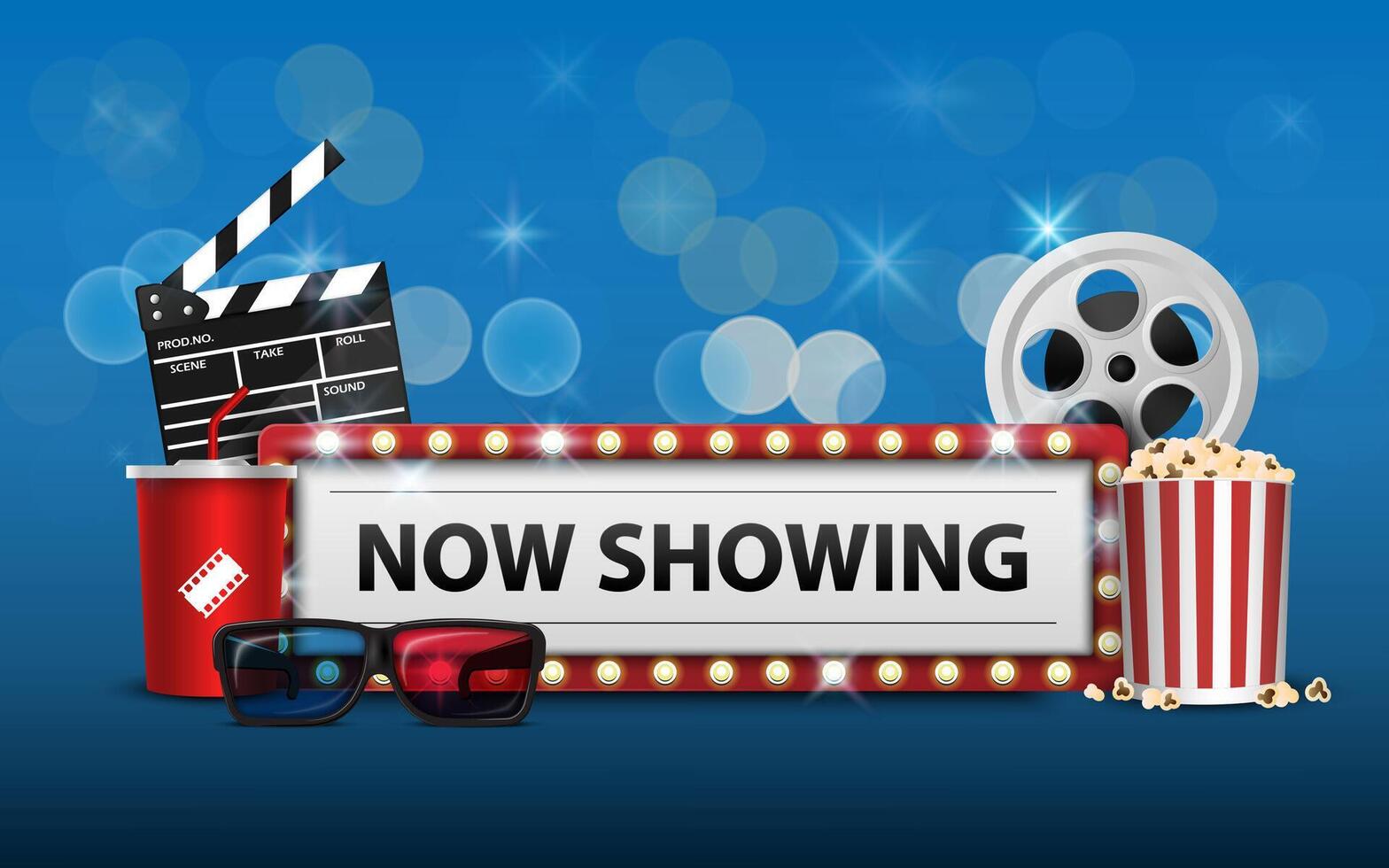 Cinema background concept, movie theater object on blue background and movie time with electric bulbs frame, illustration vector