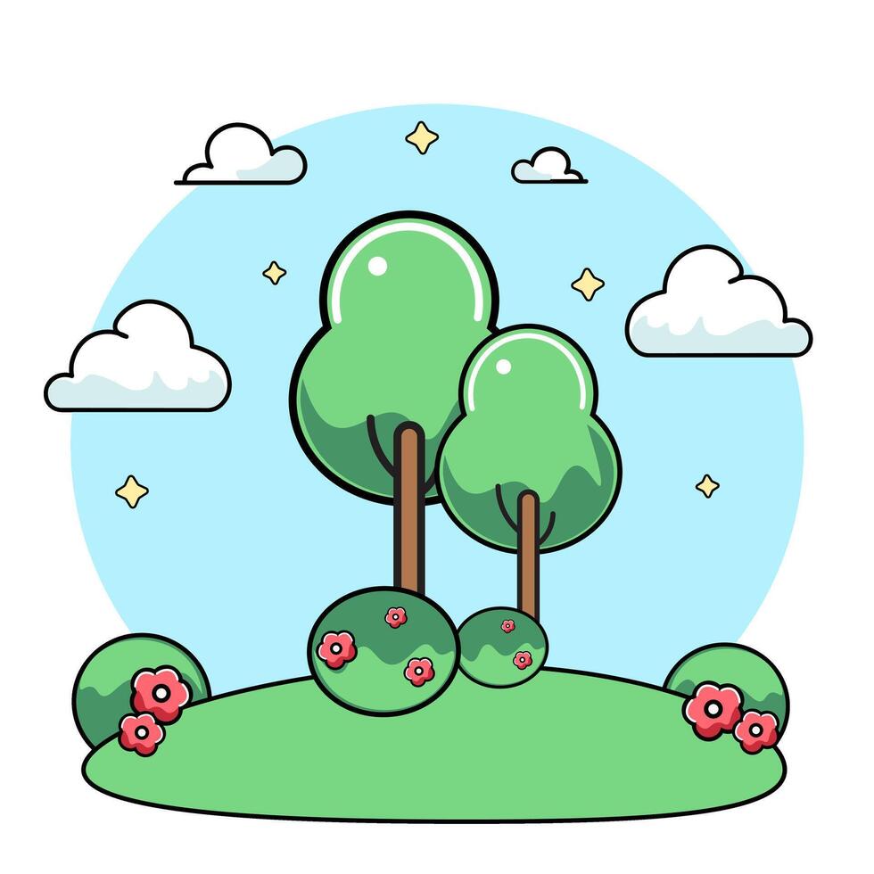 Two green trees with grass and bushes. Flat red flowers and white clouds on a blue background. Flat illustration vector