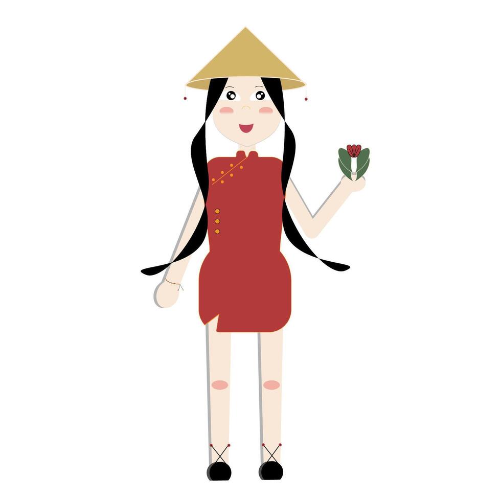 Vietnamese girl in traditional dress. Flat illustration on white background vector