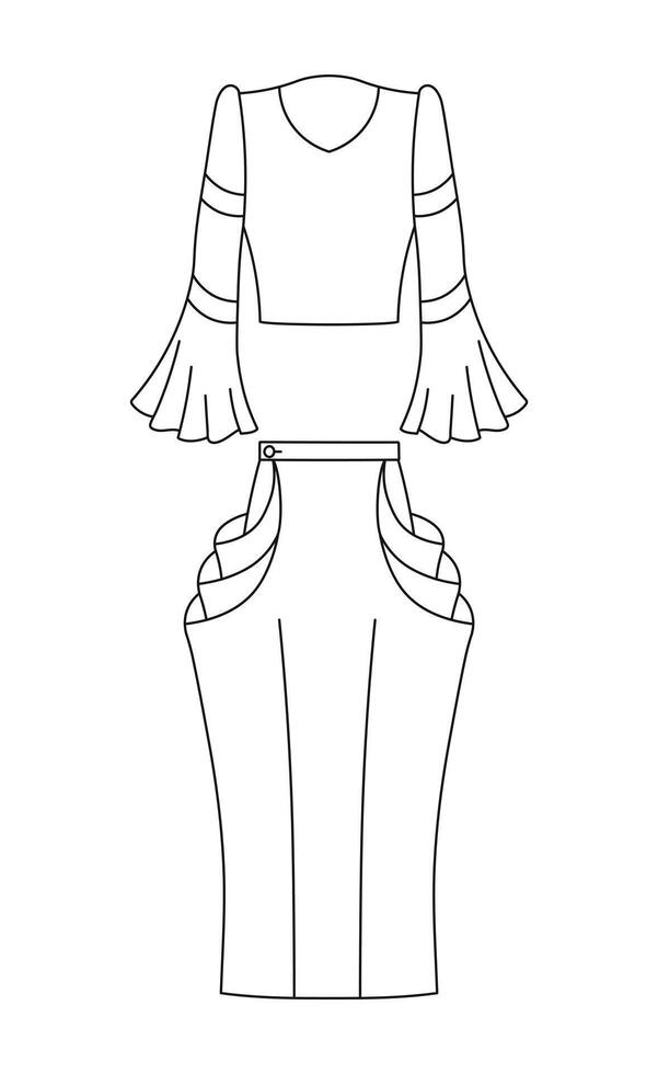 Blouse and skirt silhouette, sketch womens suit, wardrobe vector