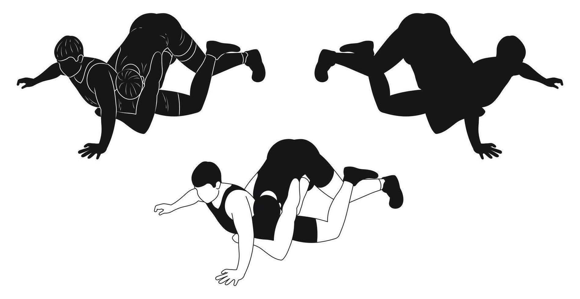 Group of wrestlers in combat attack, Greco Roman wrestling, silhouette set vector