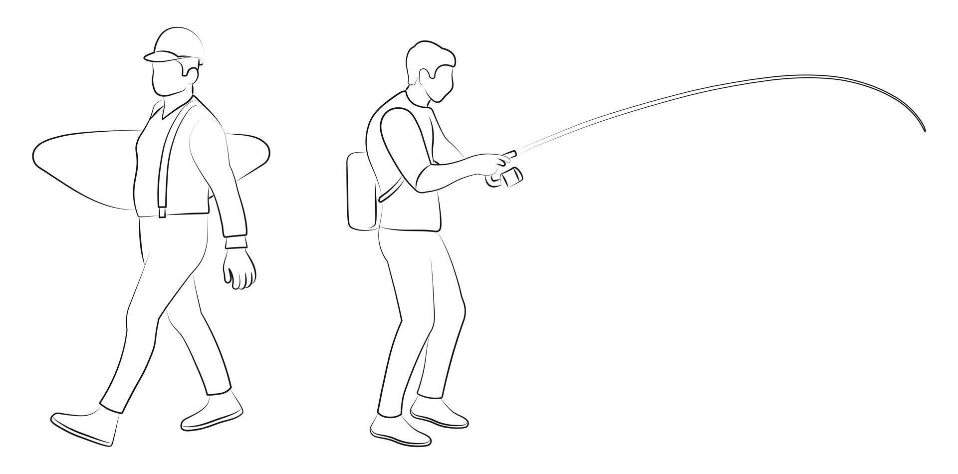 Fishing, loading, professions silhouettes sketch vector