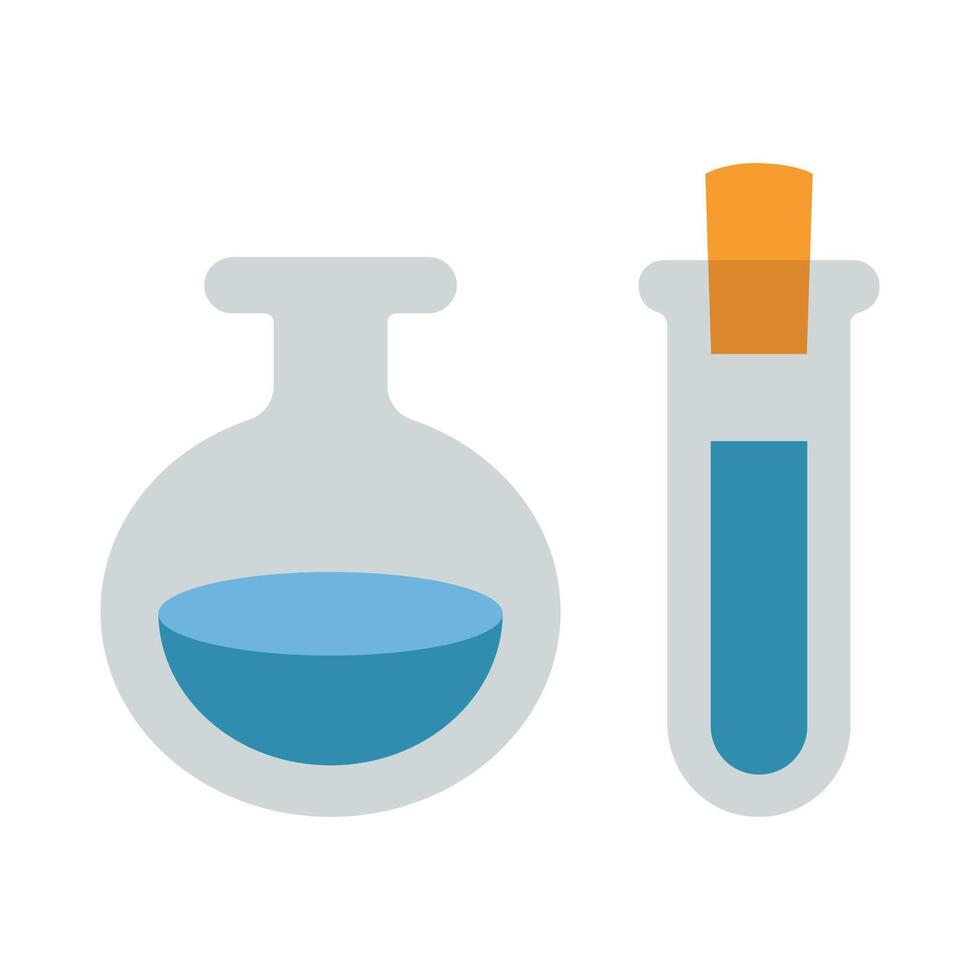 Two Laboratory test tubes, flasks. Transparent glassware with chemical reagents. Experiment equipment for chemistry lessons. illustration isolated on white, flat design vector