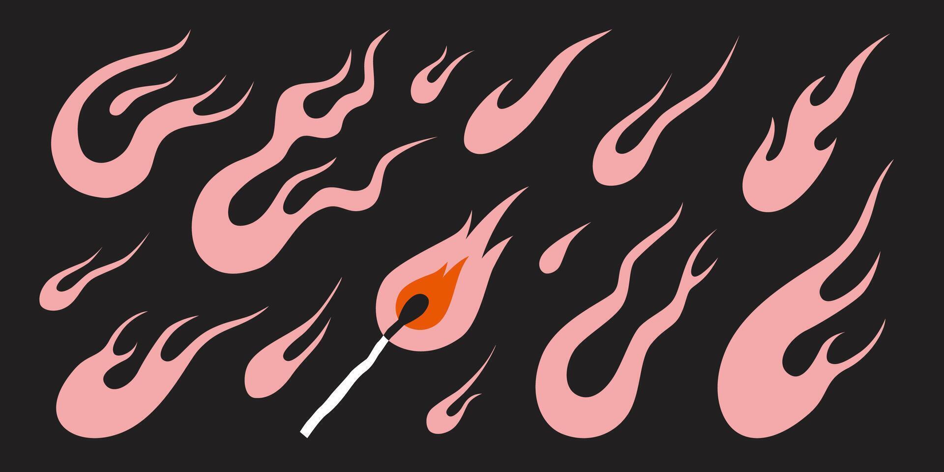Set with various flames, fire and match in y2k aesthetic, vintage cartoon, old school tattoo neo tribal style. Trendy modern illustration, hand drawn, flat design. vector