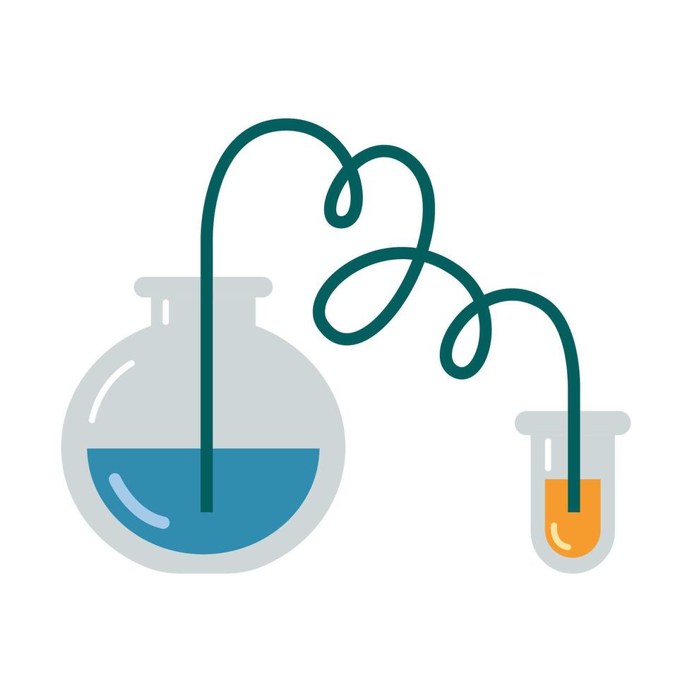 Laboratory test tubes, Two flasks connected by a tube. Transparent glassware with chemical reagents. Experiment equipment for chemistry lessons. illustration isolated on white, flat design vector