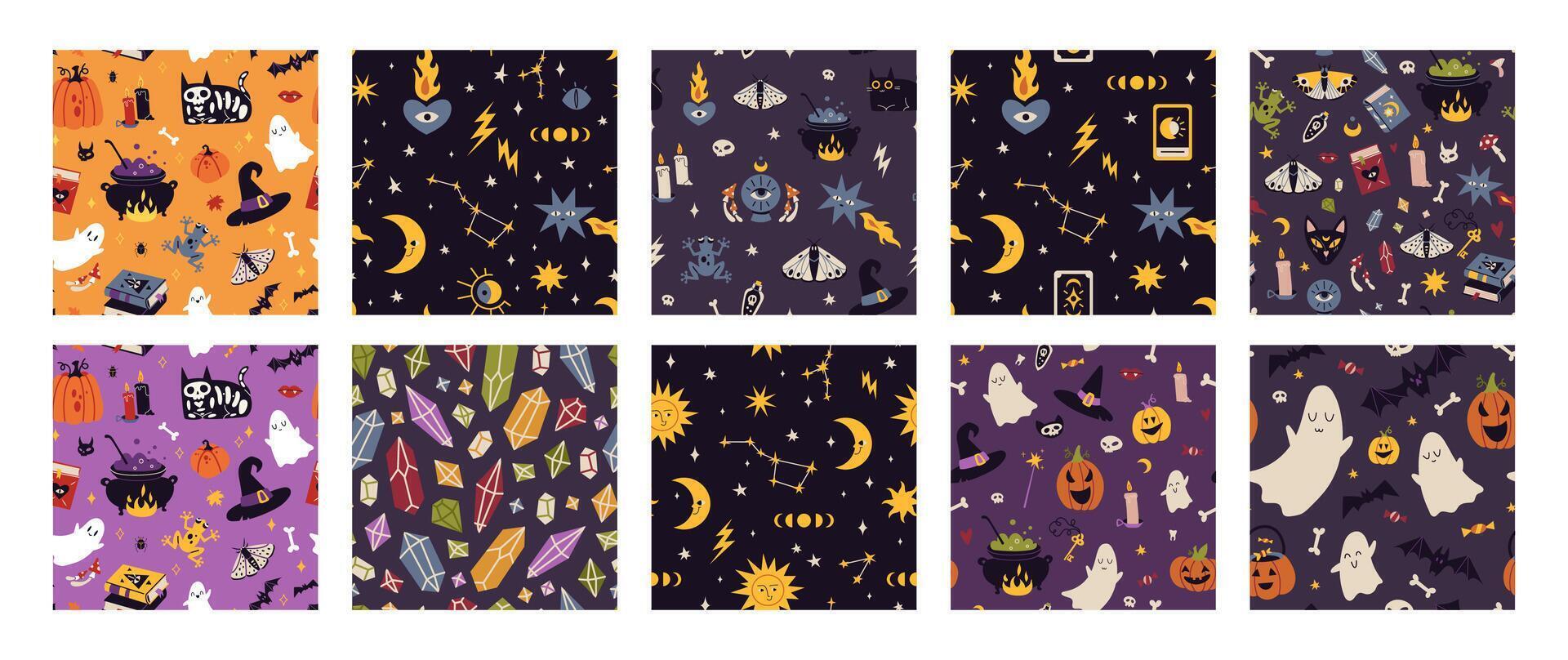 Happy Halloween, magic and astrology seamless patterns set with decoration carnival elements. Mystical magic background, cartoon style. Trendy modern illustration, hand drawn, flat design vector