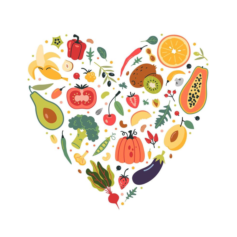 Vegetables, fruits and berries in a heart shape. Healthly food consept. Modern illustration isolated on white, hand drawn, flat design vector