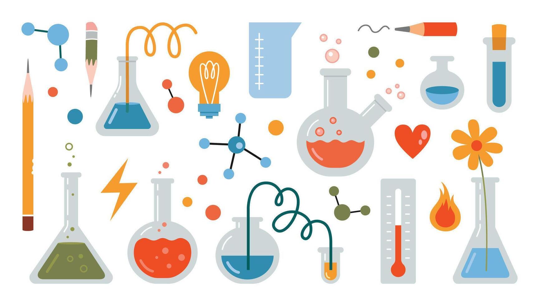 Laboratory equipment set for chemistry lessons. Test tube, flask, beaker and other chemical and medicine lab stuff. illustration isolated on white, flat design vector